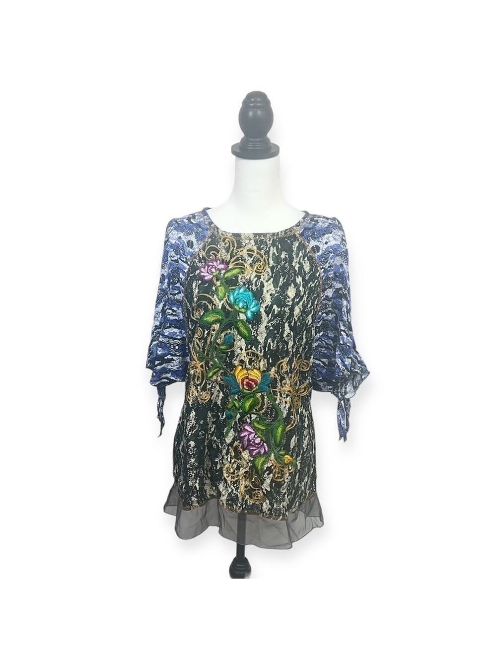 Krista Lee Embroidered Cold Shoulder Bat Sleeve Tunic Top Size S
